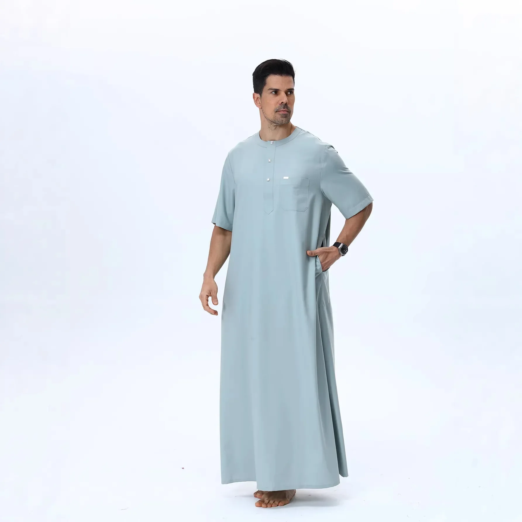 

Muslim Men Short Sleeve Loose Robe Jubba Thobe Saudi Arabic Abaya Kaftan Turkey Caftan Islam Pocket Thawb Traditional Clothing