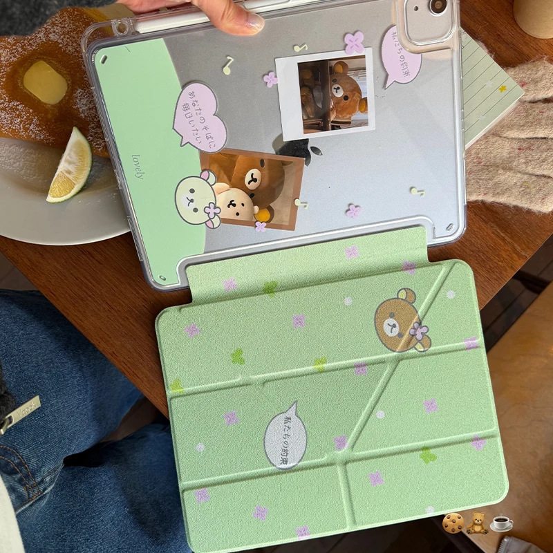 

Green Lovely Cute Bear For iPad Pro 11 M2 M3 M4 M5 A16 2025 Air4 5 6 7 12.9/13/9.7/10.2/10.5/9.7in 5th 6th 7/8/9 10th 11th Cover