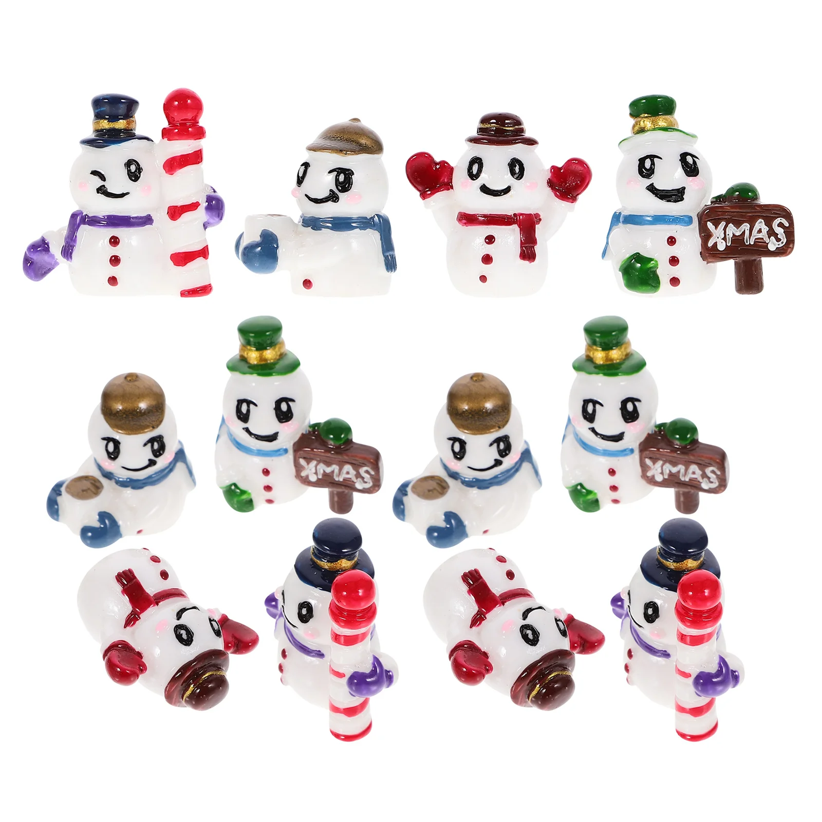 12 szt. Świąteczne figurki bałwanków z żywicy, małe dekoracje do mikro-krajobrazów, na świąteczne tace wielopoziomowe, do kule śnieżnej, scenka wiejska