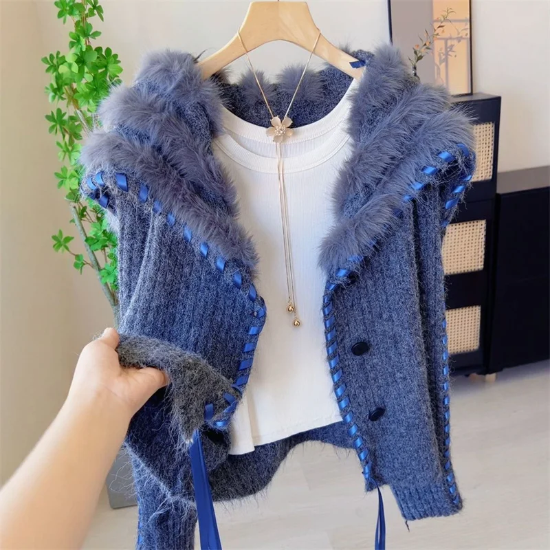 

High-Grade Blue Mao Mao Stitching Knit Cardigan Coat Women's Autumn Winter New Loose Sweaters Fashion Knitwear Sweater Coats