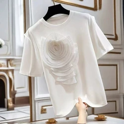 Women clothing Crop High-end 3D Large Flower Decorated  T-shirt