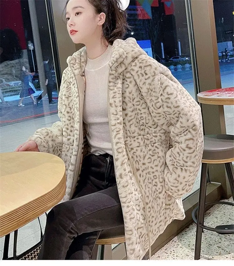 Nepbont Wollen Warme Winter Vrouwen Jas Plus Size Fuzzy Schattige Jassen Luipaard Print Capuchon Kraag Jas Oversized Meisjes