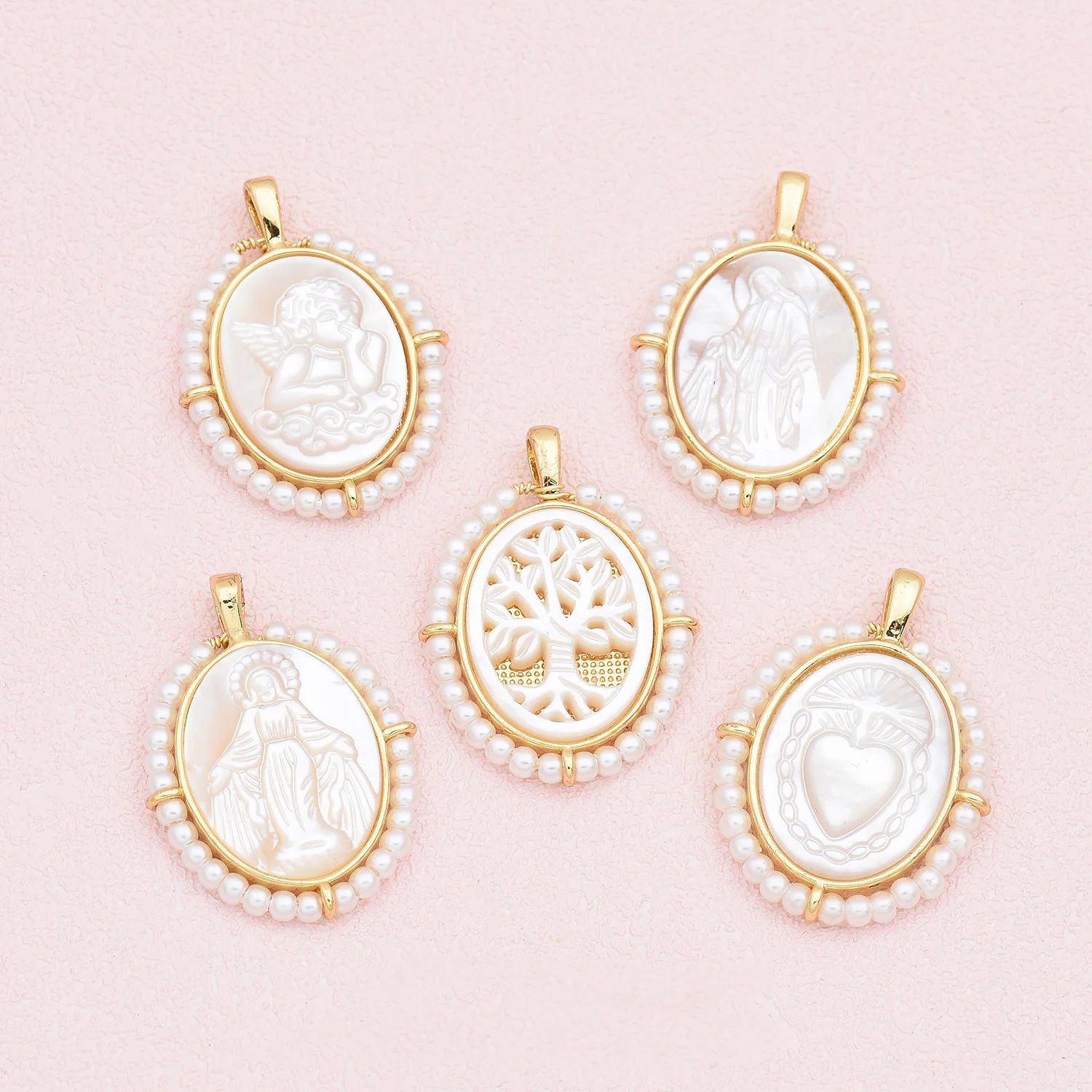 5PCS, Oval Virgin Mary Guadalupe Necklace Pendants Natural MOP Pearl Shell Charms For Women Religious Jewelry Making Accessories