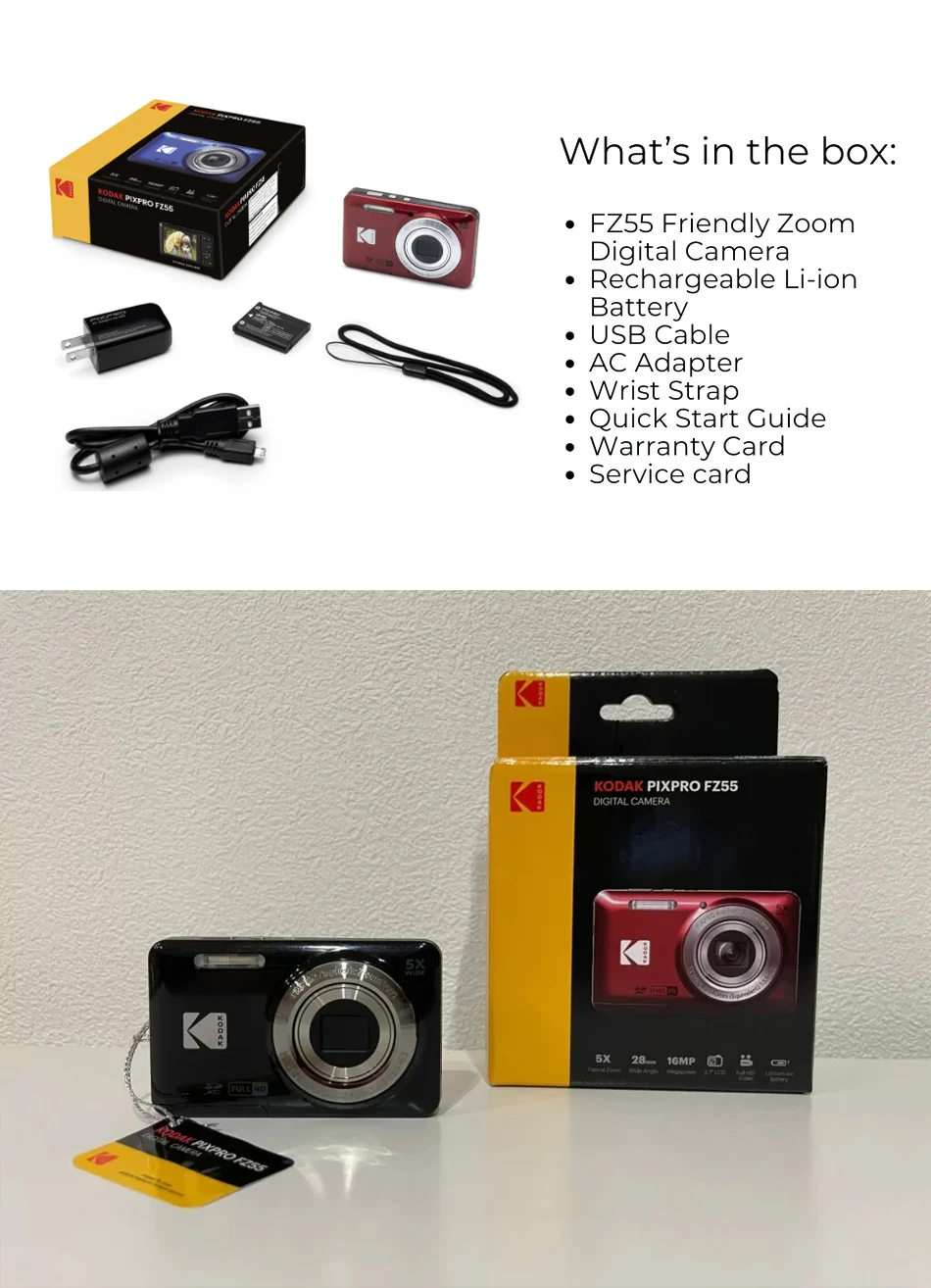 KODAK PIXPRO FZ55 16MP Digital Camera 5X Optical Zoom 28mm Wide Angle 1080P Full HD Video 2.7" LCD Vlogging Camera