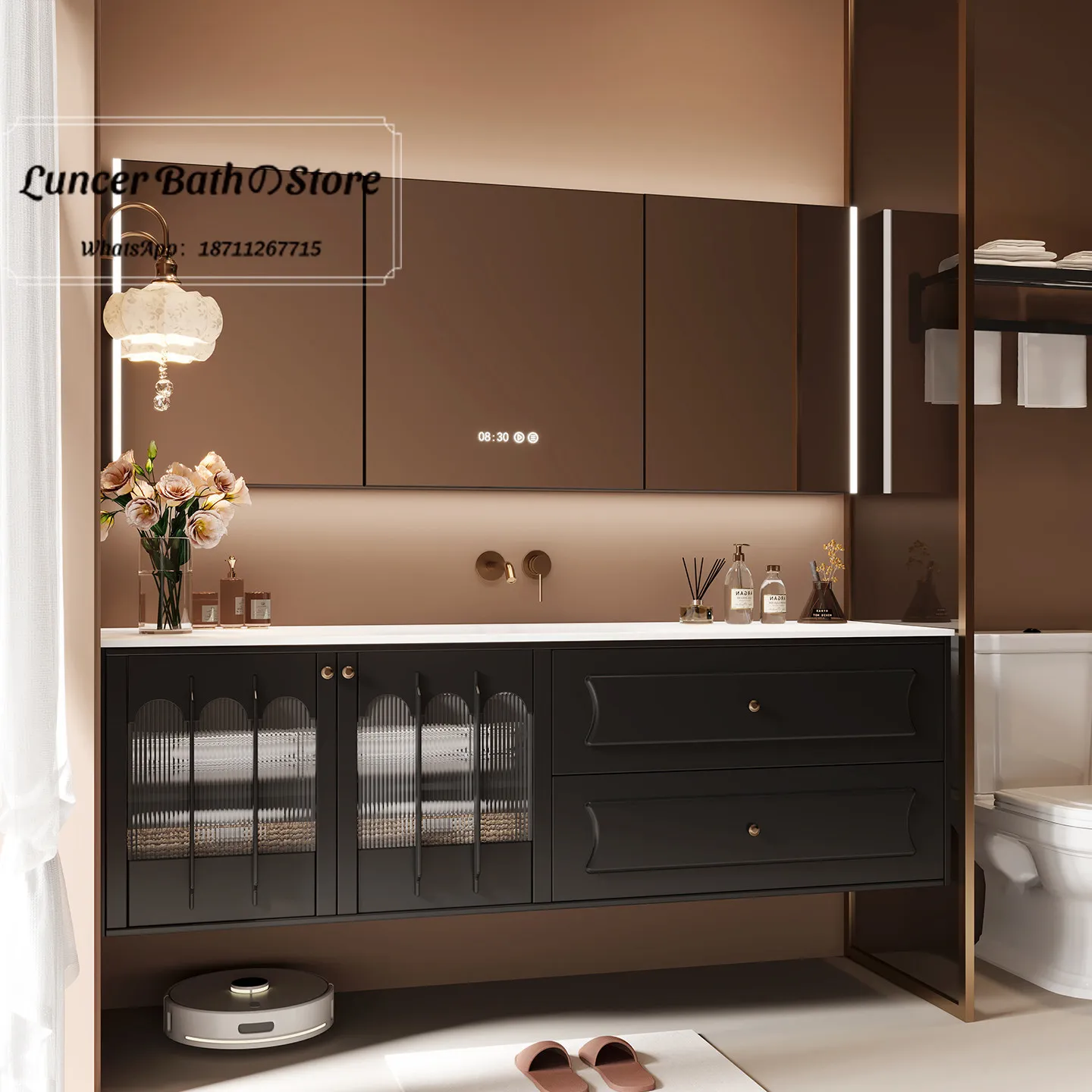 Modern Long Strip Textured Glass Bathroom Cabinet, Stylish DuPont Corian Seamless Integrated Basin Washstand for Home