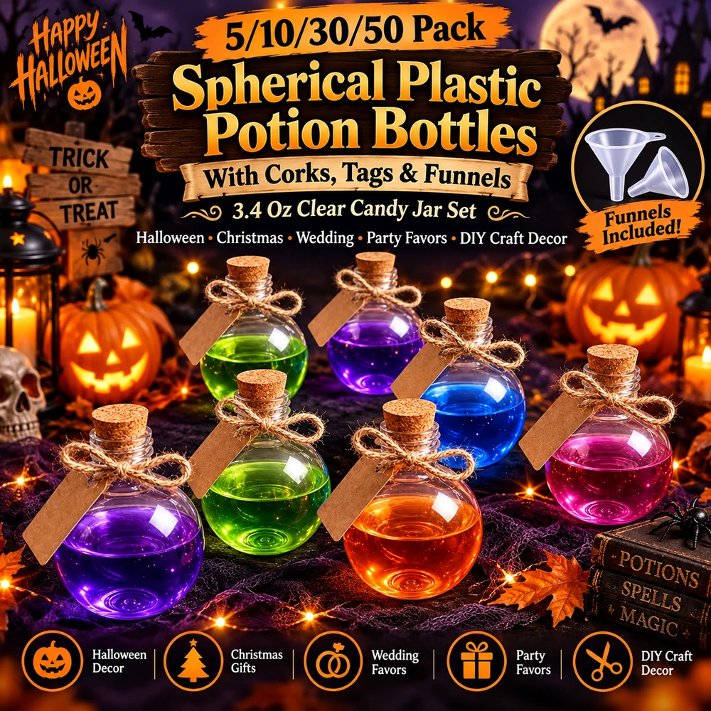 Spherical Plastic Potion Bottles with Corks Tags & Funnels 3.4 Oz Clear Candy Jar Set for Halloween Christmas Wedding Party