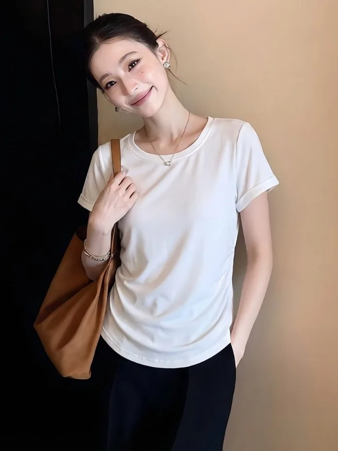 

plus Size Casual round Neck Short Sleeve T-Shirt Summer Fashionable Meat Concealing Slimming Women's Top Straight Cut Polyest...
