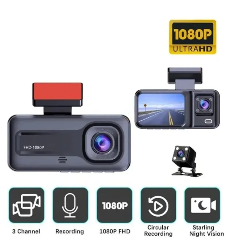 Night Vision Dash Cam Car Camera Black Box Dashcam Front and Rear 3 Cameras Dvr HD Recording Motion Detection Loop 1080p Parts