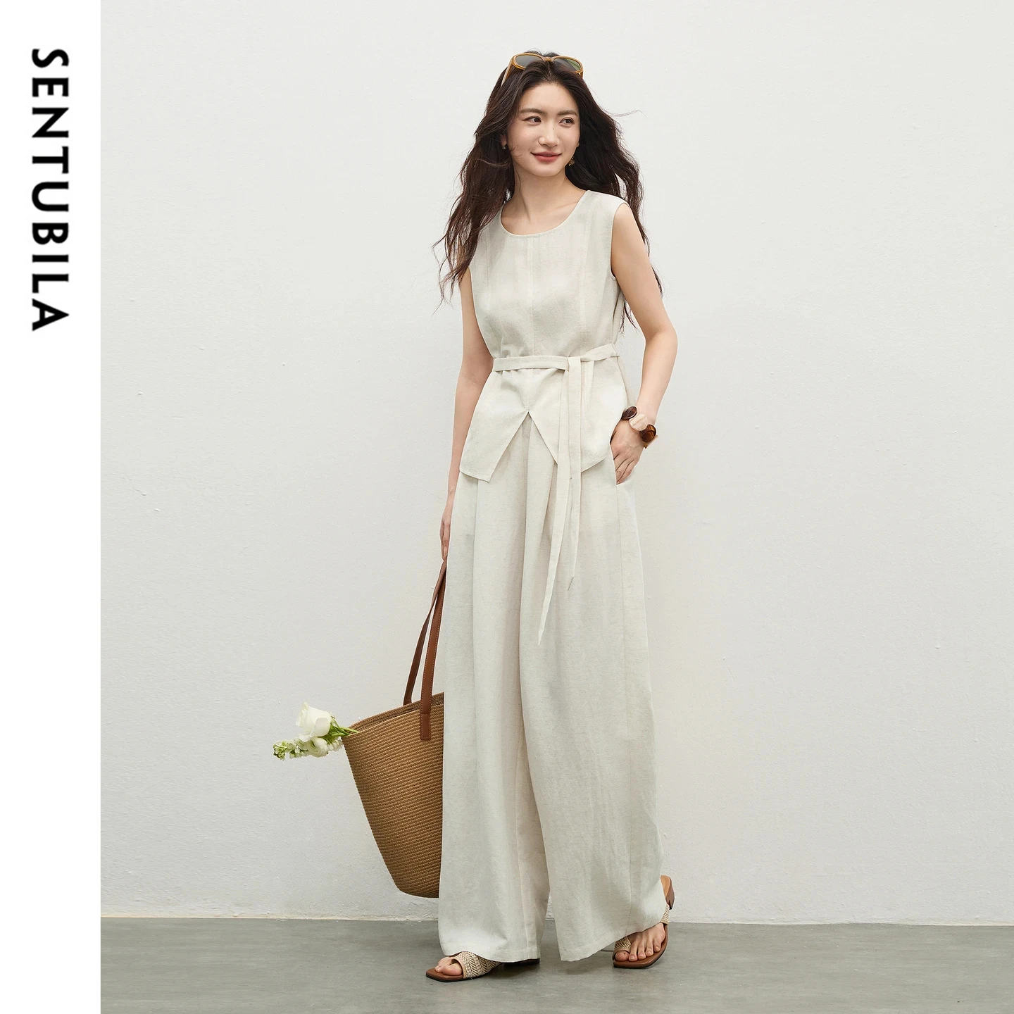 

SENTUBILA Korean Office 2 Piece Set Women 2026 Detachable Belt Sleeveless Top Elastic Waist Wide Leg Pant Loose Outfit 162ZA6386