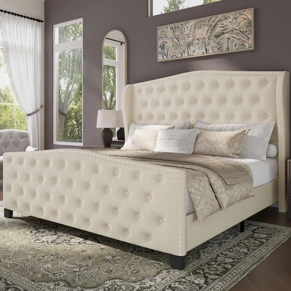 Upholstered Bed Frame, Wingback Headboard & Footboard, Deep Button Tufted & Nailhead Slats Support, Velvet Tufted Bed Frame