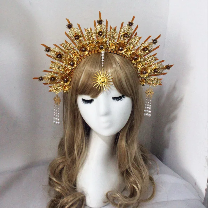 Diadema de Halo dorado, Tiaras de corona de madrina, tocado gótico de la Virgen María, accesorios para el cabello de diosa de las hadas