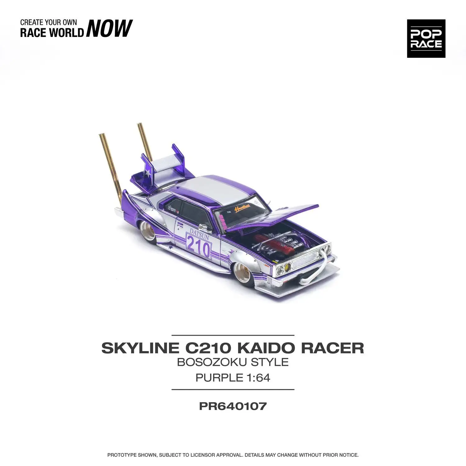 PreSale POP Race 1:64 Skyline MK5 C210 Kaido Racer Bosozoku Chrome Purple Diecast Diorama Model Collection Miniature Toys