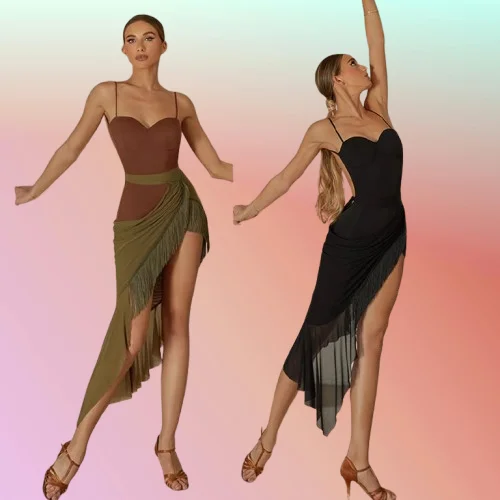 

ZYM Latin Dance Costume Women Performance Clothes Backless Tops Slit Fishtail Skirt Adult Practice Wear Fringe Latin skirt green