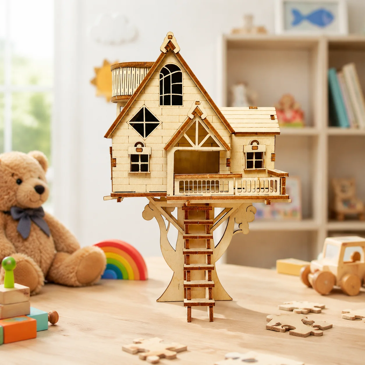 DIY Handmade Wooden 3D Puzzle Small Tree House - Creative Toy for Holiday and Birthday Gifts