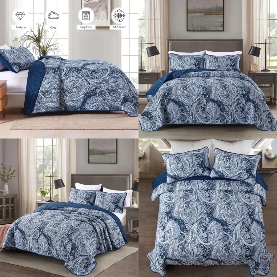 

Paisley Quilt Set Boho Bedspread Coverlet Set 3 Pieces, Soft Lightweight Microfiber Paisley Floral Pattern Bedding for All Seas