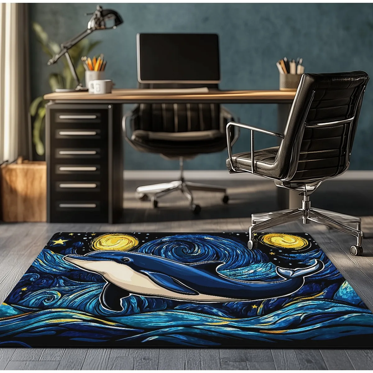 Starry Night Dolphin Van Gogh Style Crystal Velvet Rug Modern Art Floor Mat Creative Home Decor Bedroom Carpet
