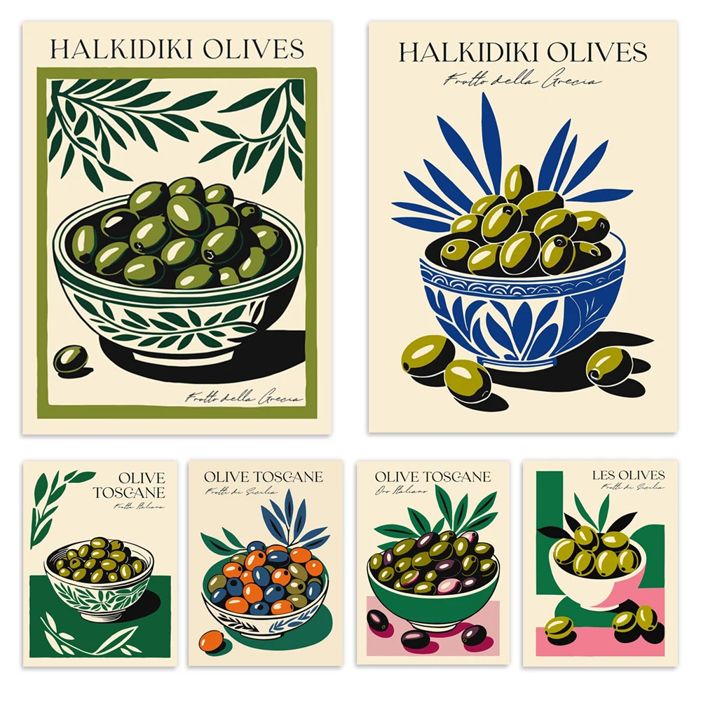 Sicily fruit olives, Italian green olives, Greek olives, olives abstract poster canvas print, home kitchen aesthetic wall decor