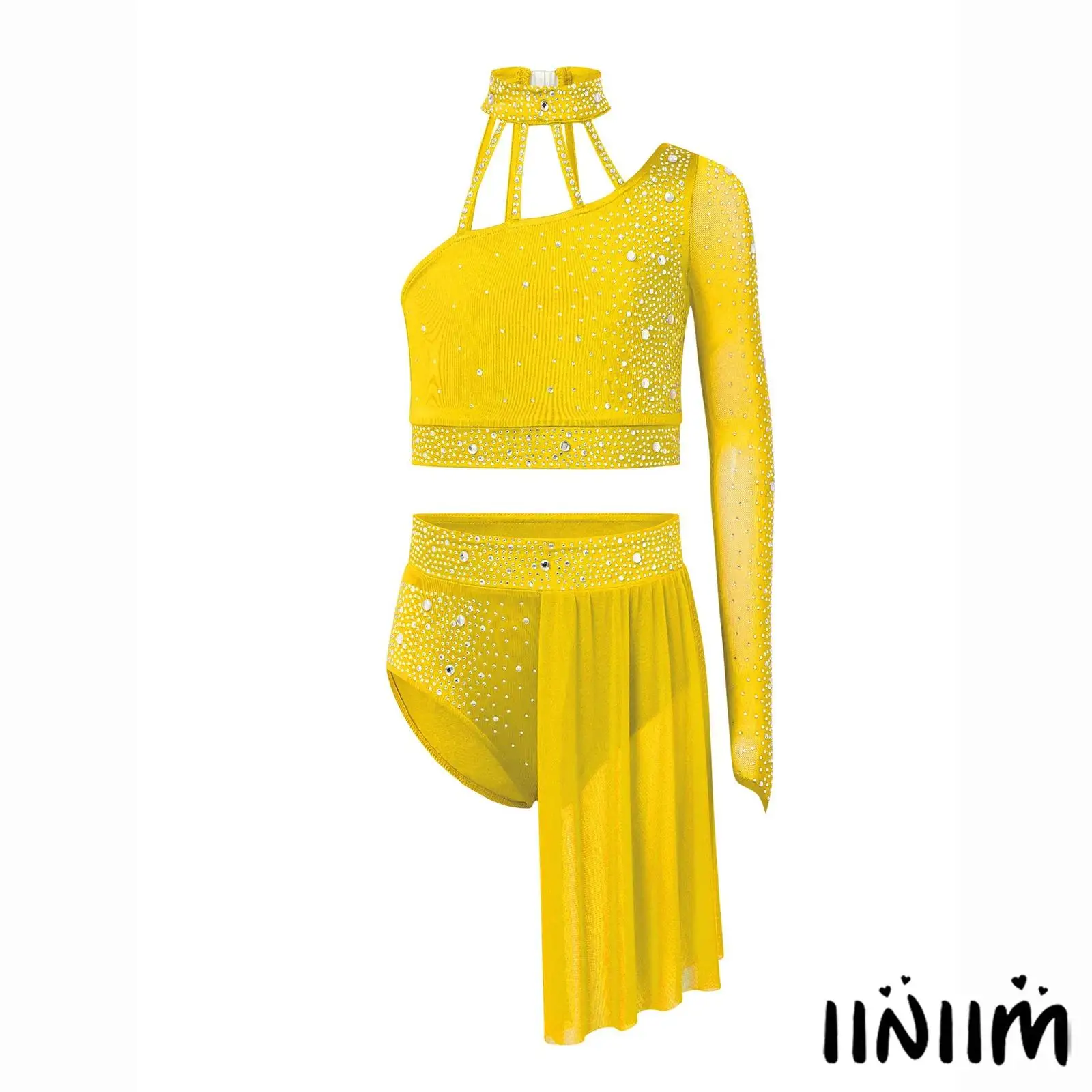 

Kids Girls Modern Lyrical Dance Outfit One Shoulder Sheer Mesh Shiny Rhinestone Crop Top with Elastic Waist Skirt Prom Party