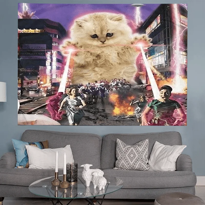 VIKAMA Parodie-Cartoon-Katzen-Meme-Design, bedruckter Wandteppich, Wandbehang, geeignet für Wohnzimmer, Schlafzimmer, Arbeitszimmer, Party, Heimdekoration