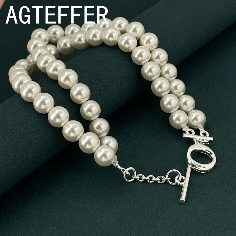 

New 925 Sterling Silver 8 Inches Elegant Double Layer Pearl Strand Women Bracelet For Wedding Gifts Fashion Jewelry Accessories