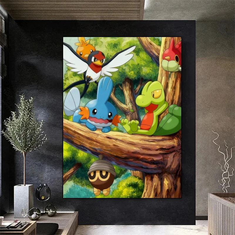 Peinture sur toile de dessin animé Pokémon Mudkip, naturel vif, ensemble d'art mural de scène pour la décoration de la maison, cadeau délicieux pour les fans de Pokémon