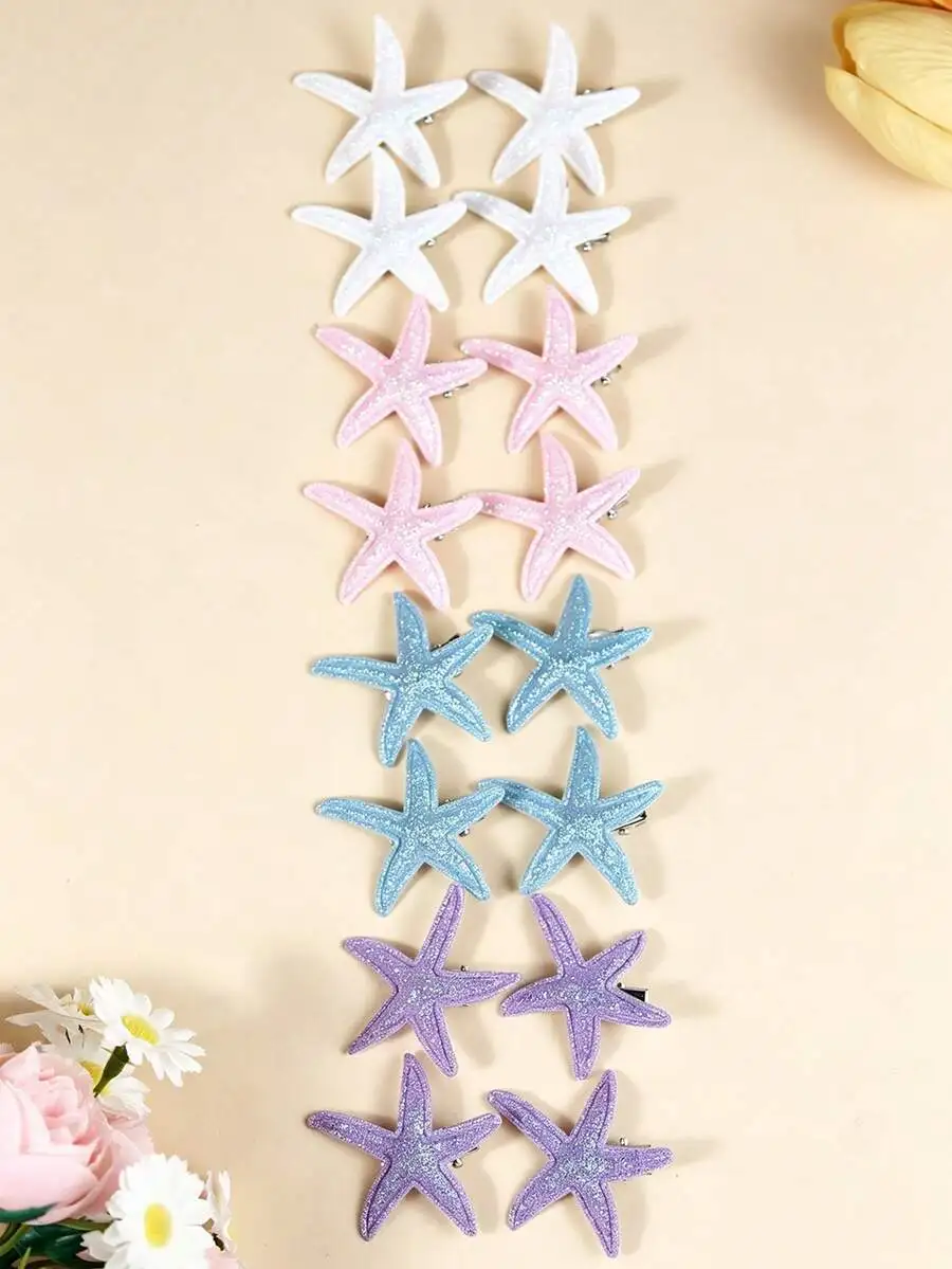 16pcs Sparkling Starfish Hair Clips For Women, Mermaid Style Ocean Theme Hair Accessories, Summer Beach Party Hair Claws view 3