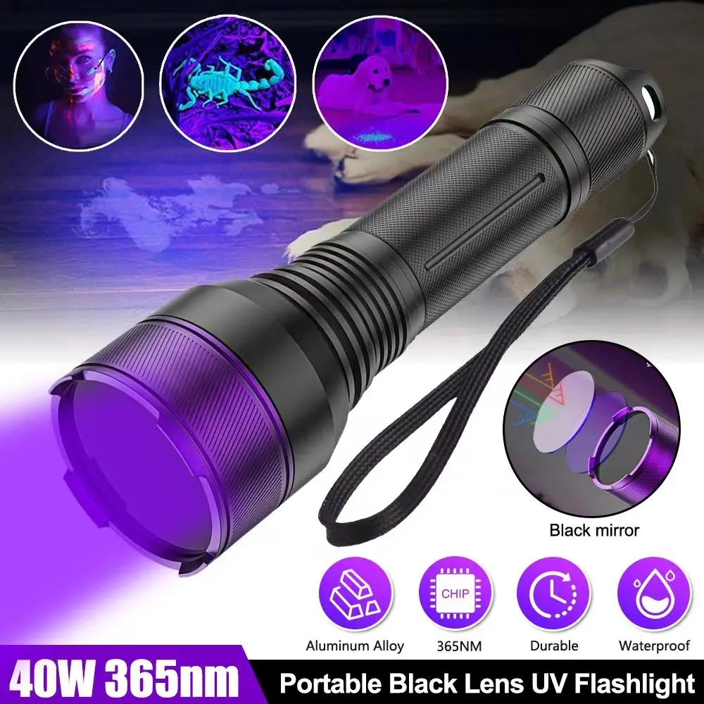 Powerful 40W 4-CORE 365NM UV Flashlight High Power Black Mirror Purple Light Detection Torch Type-C Rechargeable 21700 Lantern