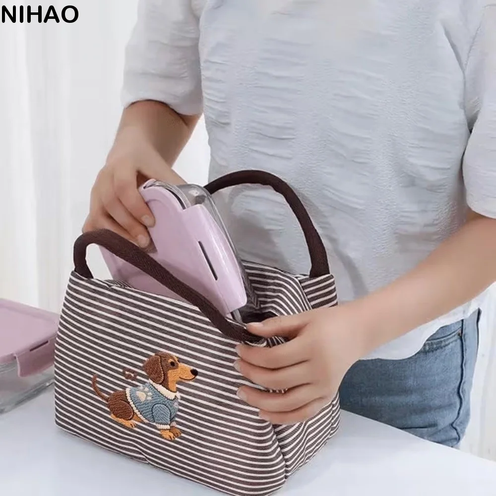Cute Puppy Embroidery Thermal Lunch Bag Insulated Portable Tote Bag Striped Handheld Food Container Bag Office