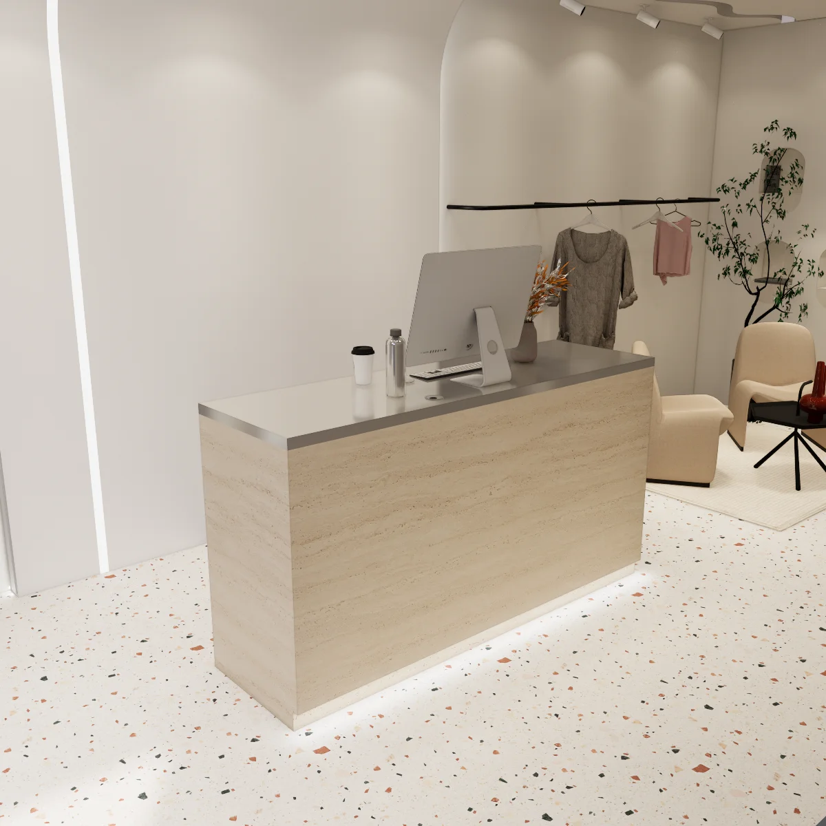 Women's clothing store bar counter beauty stainless steel front desk hairdresser travertine checkout page reception desk