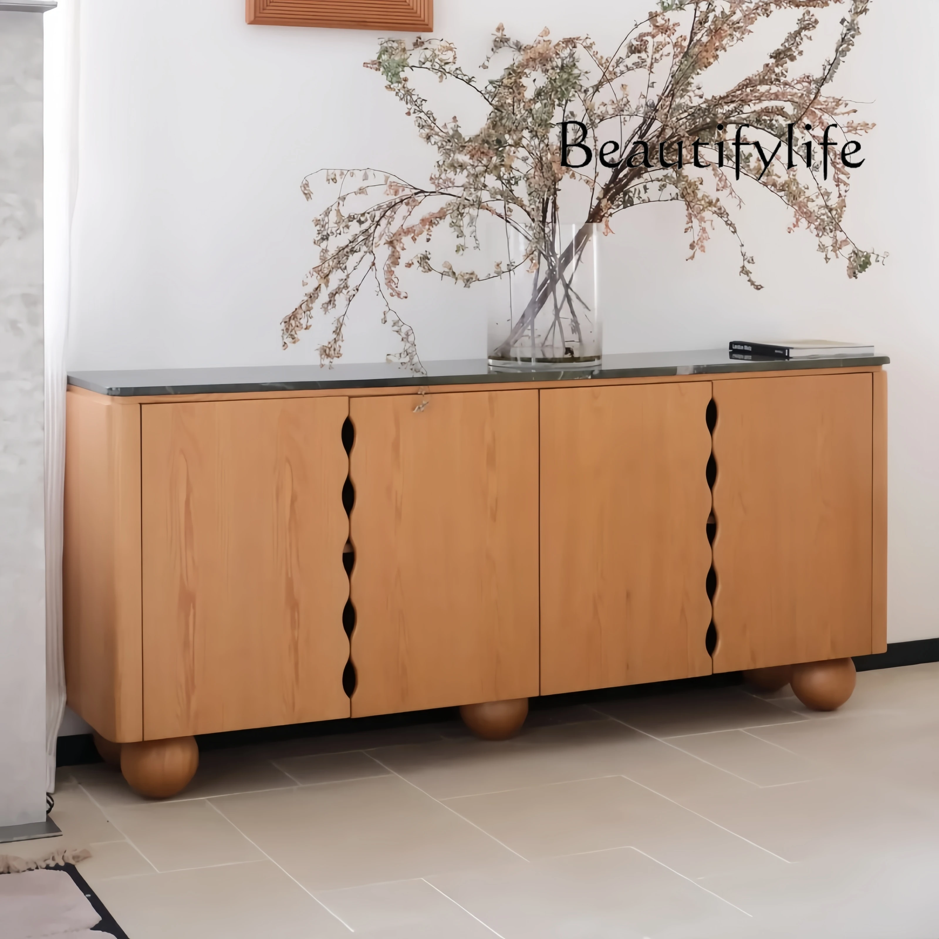 

Medieval style solid wood marble dining side cabinet creative art entrance cabinet household living room locker