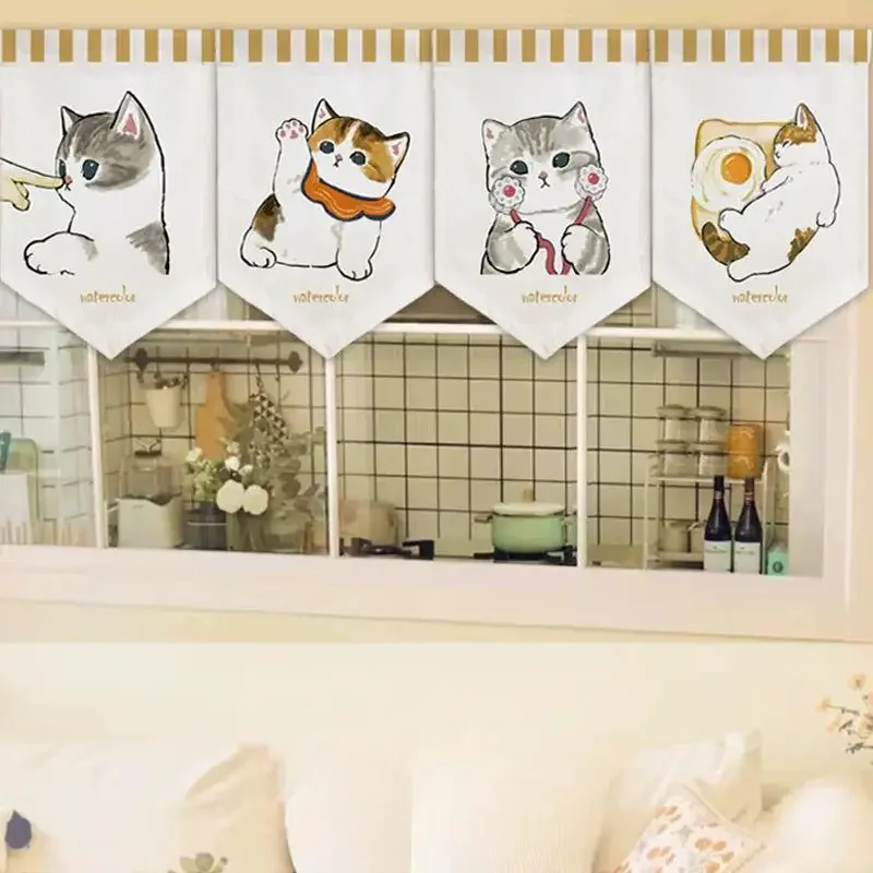 VIKAMA Soft Cute Cat Hiding Curtain Healing Watercolor Cat Print Fabric Cabinet Cover Curtain Kitchen Storage Rack Home Decor