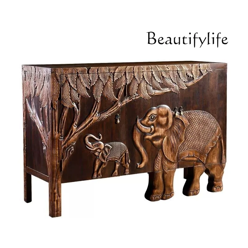 

Vintage solid wood relief elephant entrance entrance cabinet South East Asia Thai foyer decorative cabinet