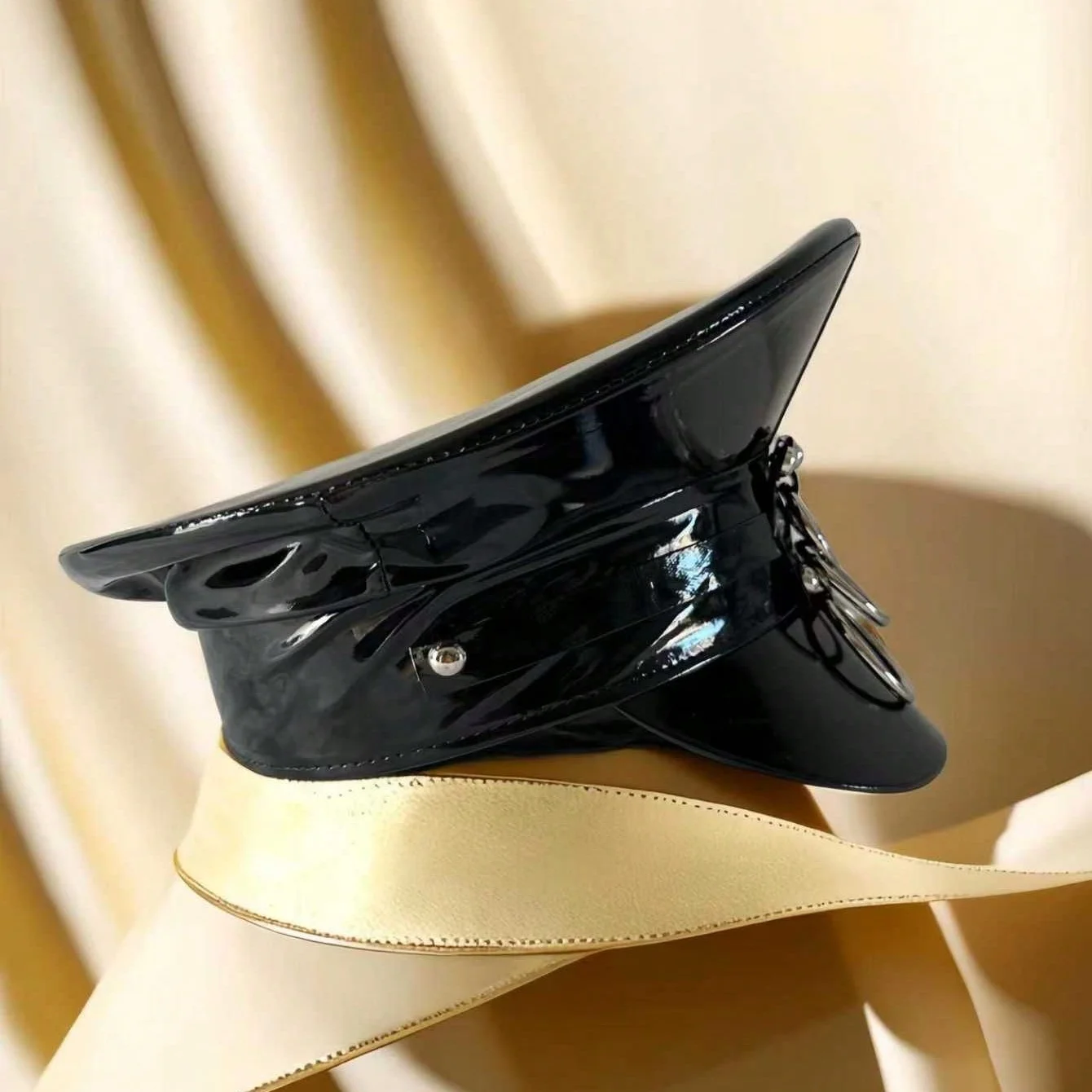 Unisex Faux Leather Army Cap, Silver Hoop, Black Costume Props, Cosplay, Festival Captain Hat, Hip Hop, Steampunk, Christmas