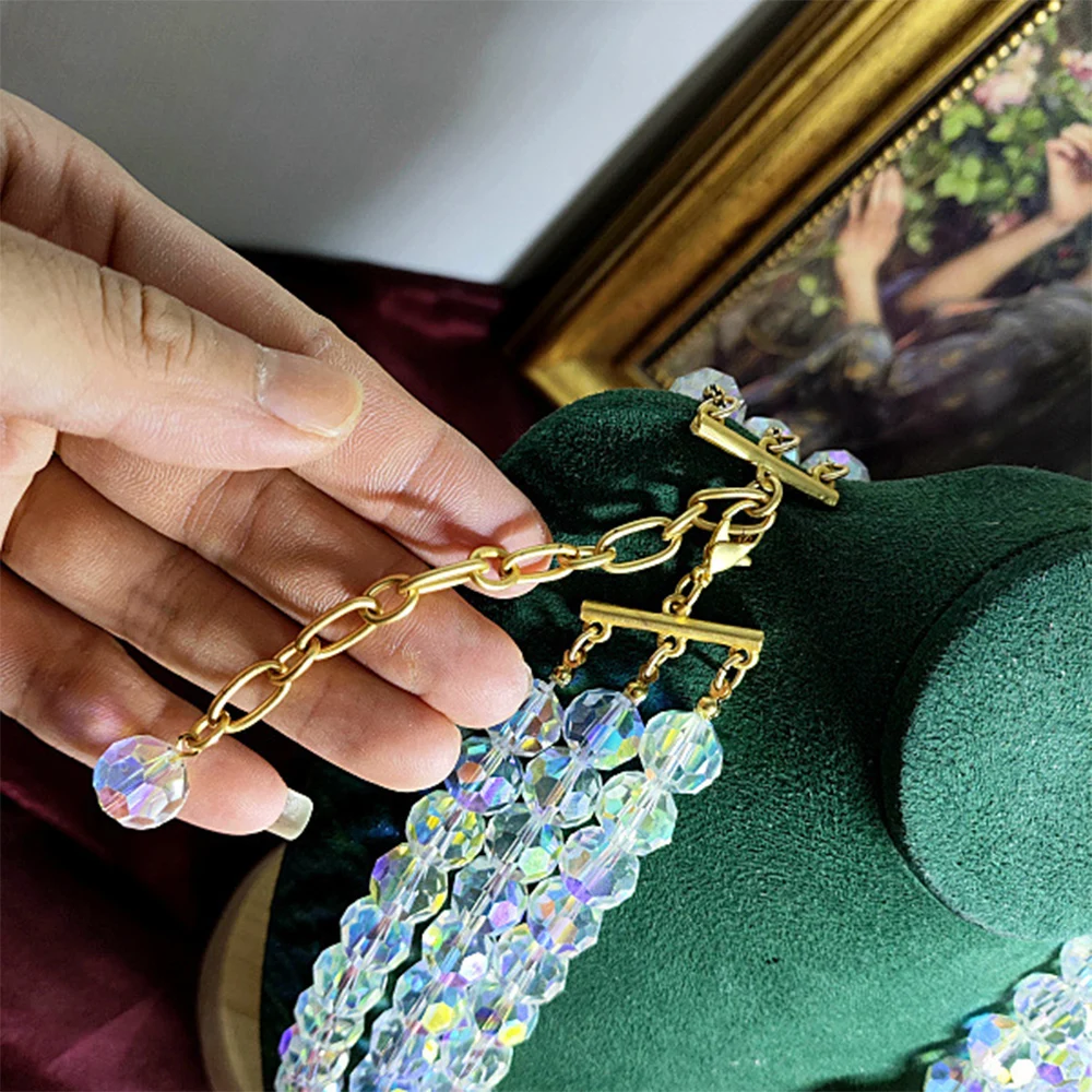 Kalung rantai kristal Vintage berlapis, kalung rantai Sweater untuk wanita, Choker anak perempuan, Aksesoris Perhiasan