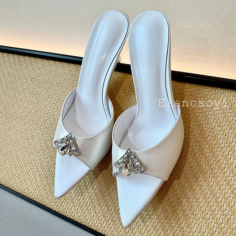 Summer Pointed Toe Exposed Toes Satin Silk Slippers Women Shiny Crystal Design Thin Heel Sandals Female Banquet Dresses Shoes