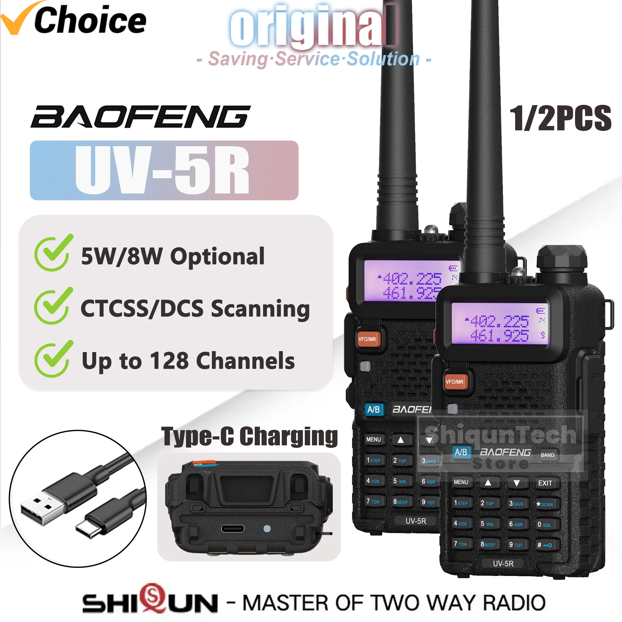 BaoFeng Walkie Talkie UV-5R Type-C Charge Two Way Radio 5W/8W VHF UHF 136-174Mhz 400-520Mhz Portable Station Transceiver Hunting