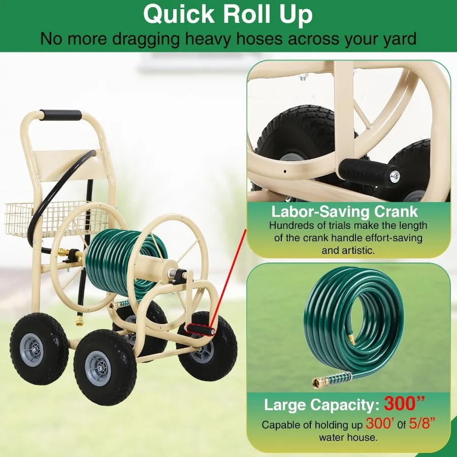 頑丈なガーデンホースリールカート、屋外植栽や芝生の水やりに、300フィート容量、スチール製、4輪収納