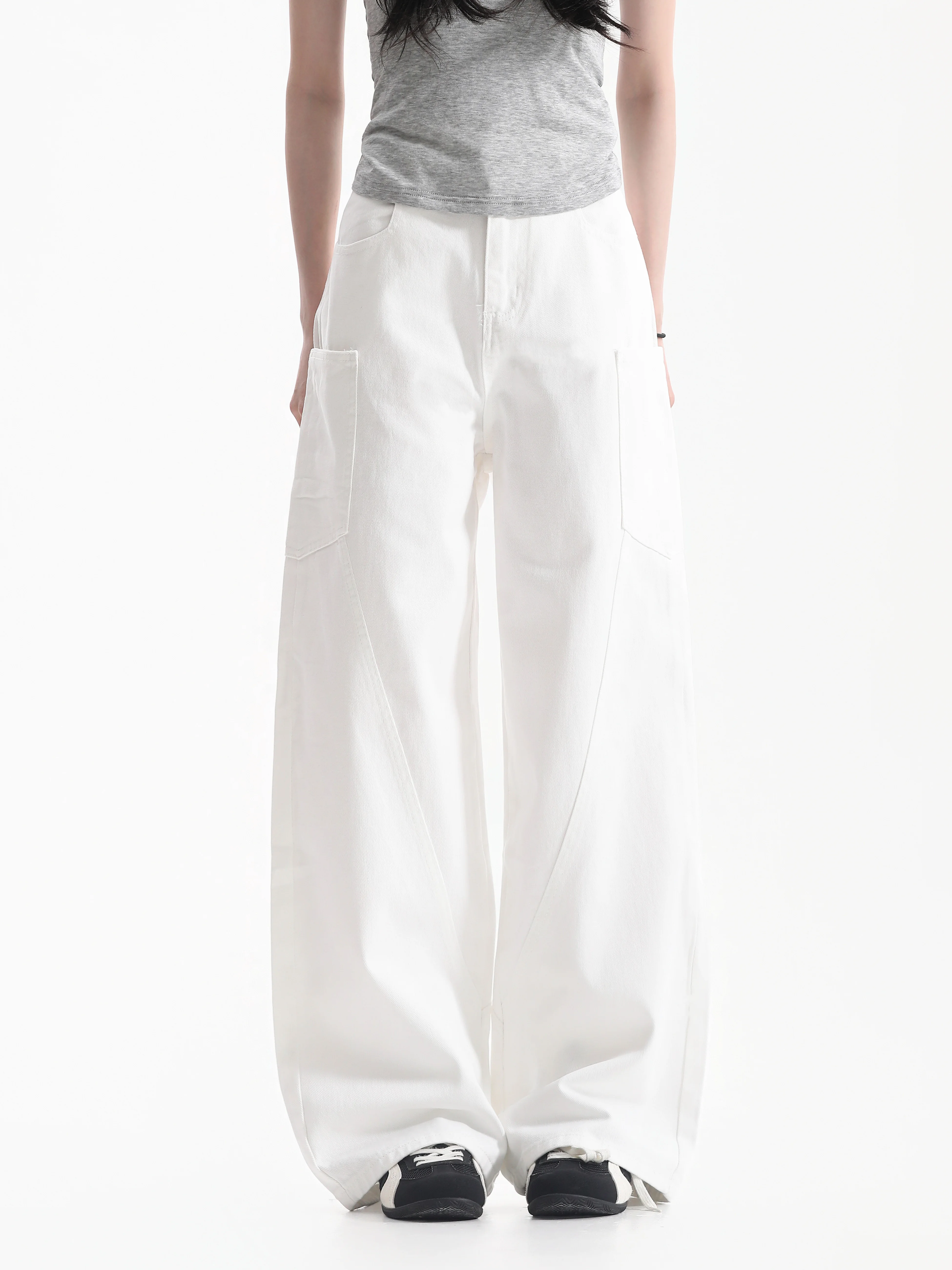 Early Autumn Korean Style Lazy Multi-Pocket White Work Pants Women's Neutral Wide Leg Pants Drapey Comfortable Cotton Jeans