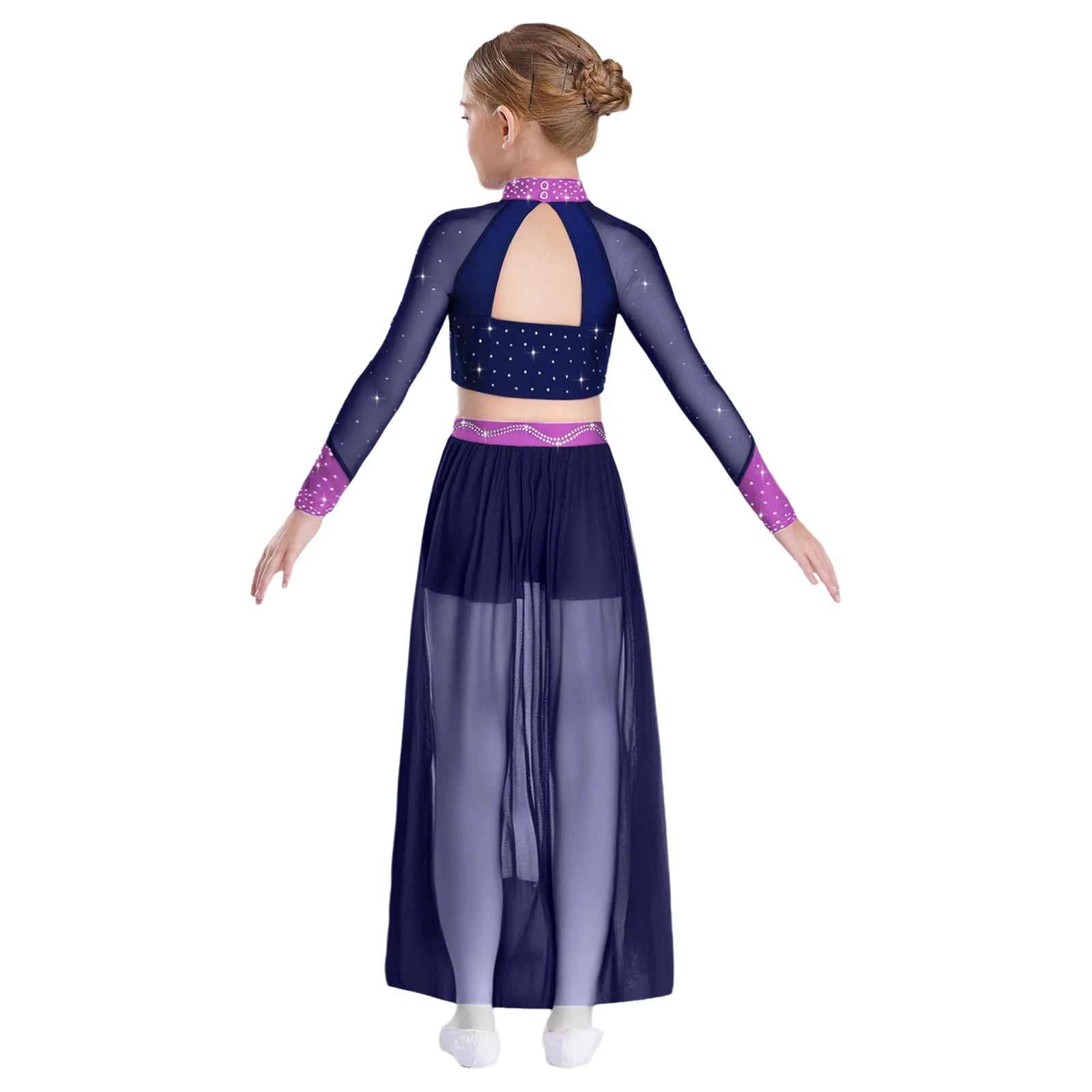 Set di danza classica per bambine, costume di danza lirica moderna contemporanea, manica lunga, ritaglio sul retro, strass, top corto con gonna
