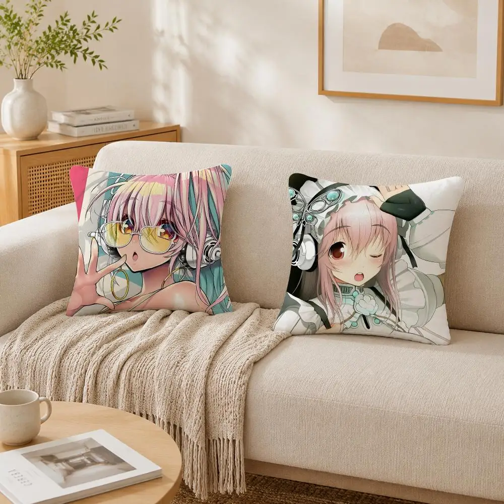 Anime Super S-Sonico Cushion Cover Plush Decorative Pillow Case With Hidden Zipper Cutecore Room Decor For Home