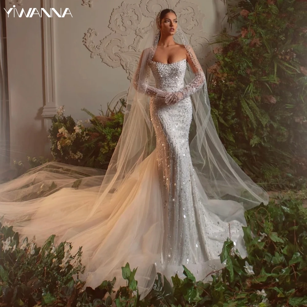 Vestido De Novia Sexy sin tirantes sin mangas, Vestido De Novia con perlas y lentejuelas brillantes, Vestido De Novia De sirena De lujo, Vestido De Novia personalizado