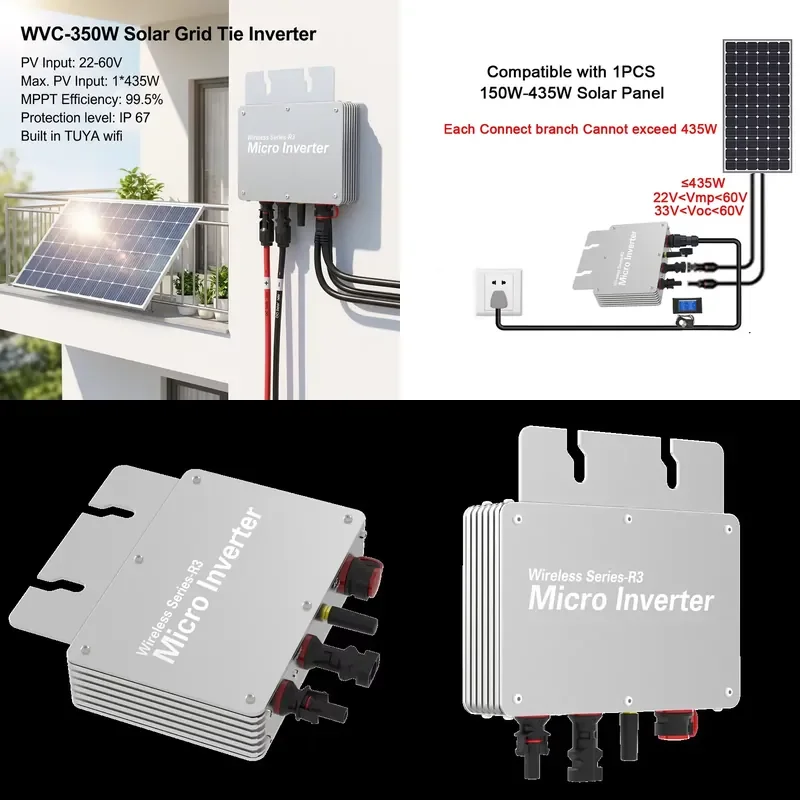 WVC350W Solar Micro Inverter IP65 Waterproof MPPT DC22-60V to AC110V/230V Auto 50/60Hz WiFi Monitoring on Grid Micro Inverter