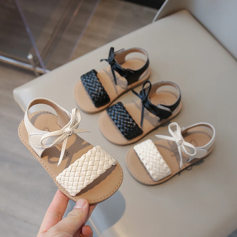 

Girls Sandals Princess Sweet Classic with Bow-knot Woven Weave Style Summer Kids Beach Shoes Open Toes Anti-skid Soft