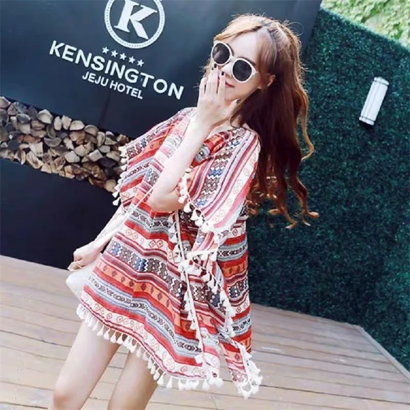 

Women's Retro Ethnic Style Chiffon Shirt, Loose and Thin, Mid-length Tops, Foreign Airflow, Su Bat Sleeves, Summer, New, 2022