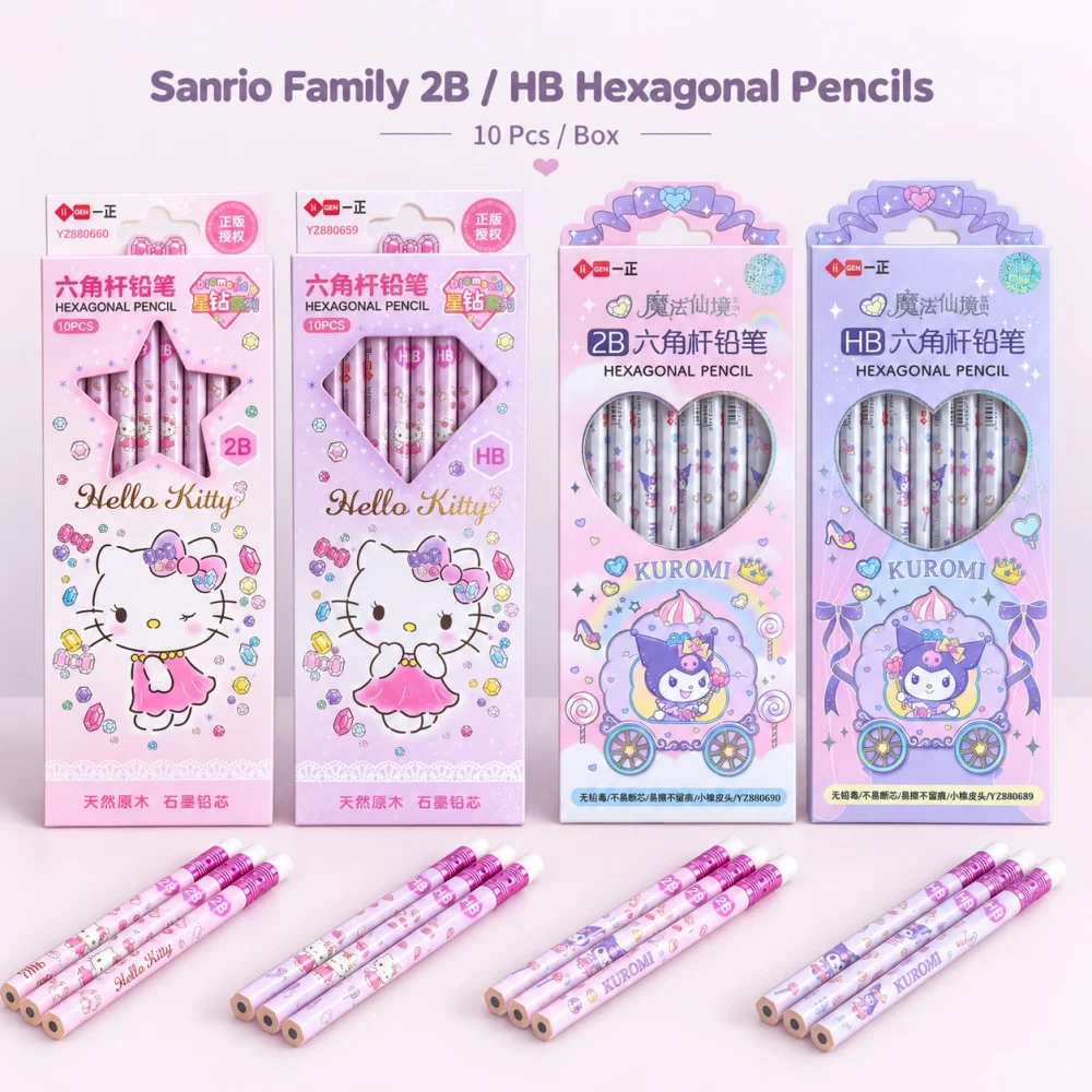 Genuine Sanrio Hello Kitty Kuromi 2B HB Hexagonal Pencil Set 10Pcs Box Character Goods Stationery for School Office Writing
