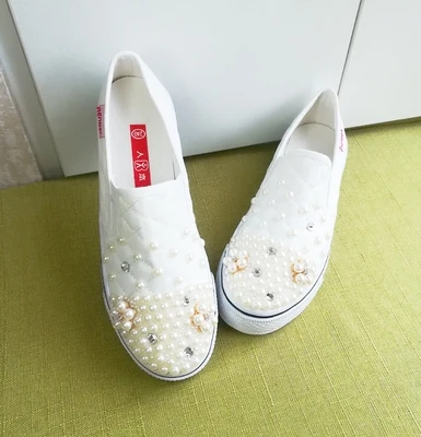 Women\'s Sparkling Crystal Flats Stylish Ladies Low Top Slip On Comfy Casual Canvas Shoes Female Sport Sneakers Pearl