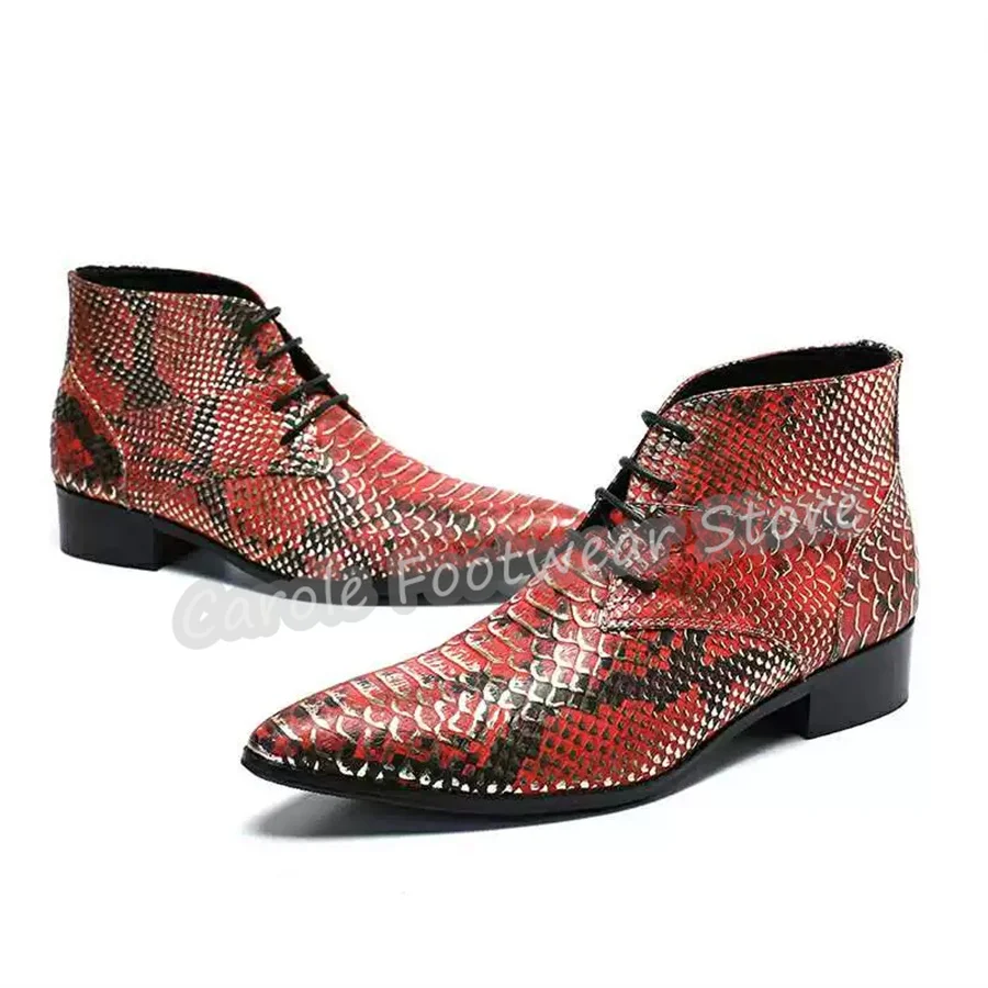 Men's Snake Print Genuine Leather Ankle Boots Pointed Toe Chunky Heel Lace-Up Dress Boots Male British Style Formal Party Boots