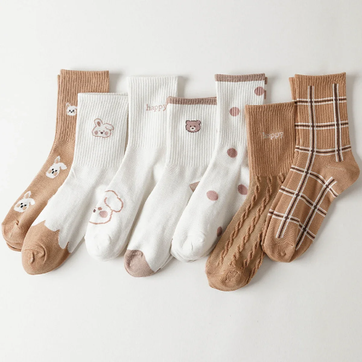 

7 Pairs of Female Autumn and Winter Tube Socks Cute Animals with Casual