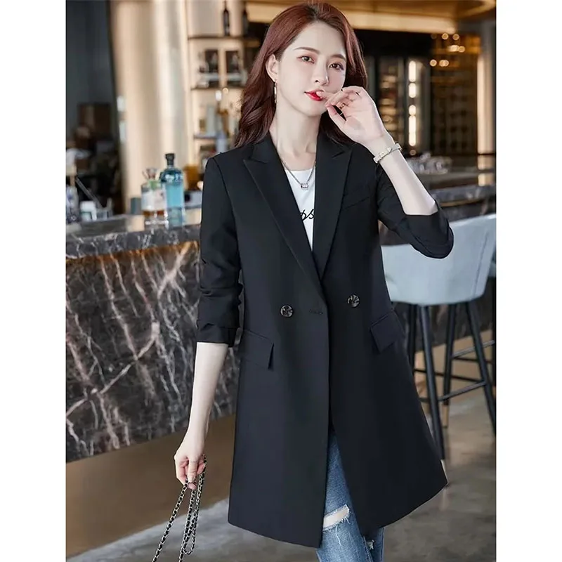 2025 Feminine Long Sleeves Suit Jacket Spring Autumn Women New Blazer Top Coat Korean Ladies Medium Long Styles Trench Overcoat