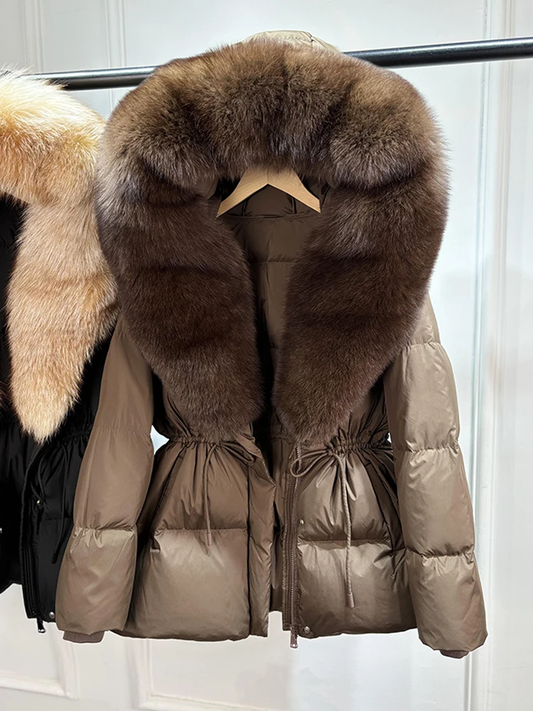 2026 New Winter Real Natural Fox Fur Collar Thick Wam Puffer Jacket Women Hooded Belt Slim White Duck Down Coat Waterproof Parka